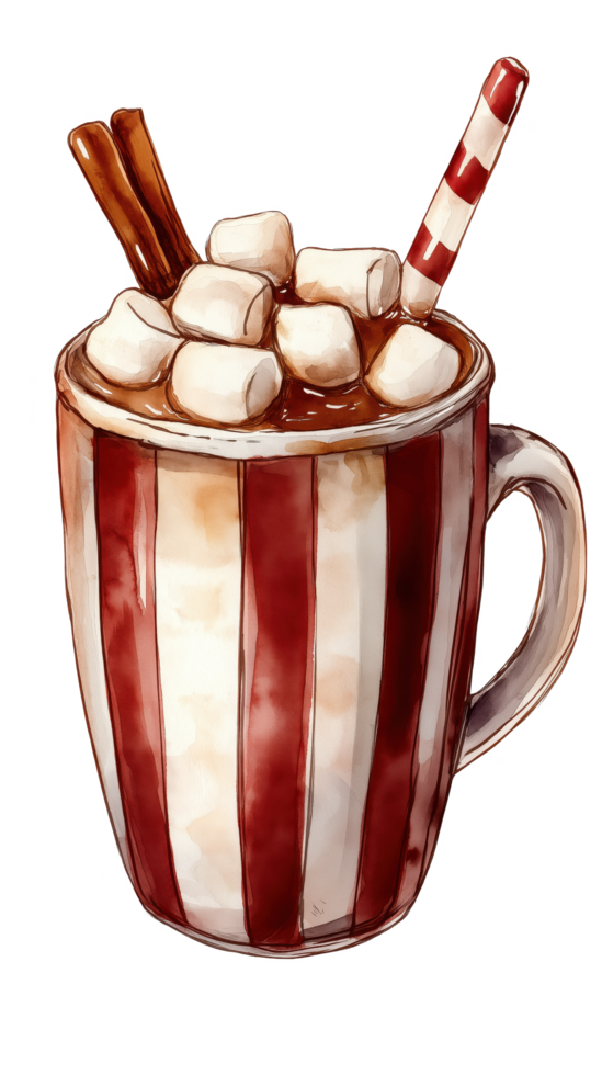 A cup of hot chocolate with marshmallows and a red and white striped handle png