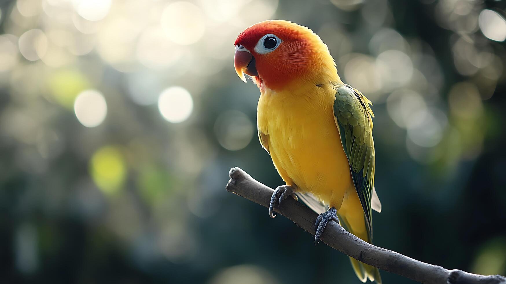 Vibrant yellow parrot perched on a branch, surrounded by bokeh lights, showcasing its colorful feathers in a peaceful setting. photo