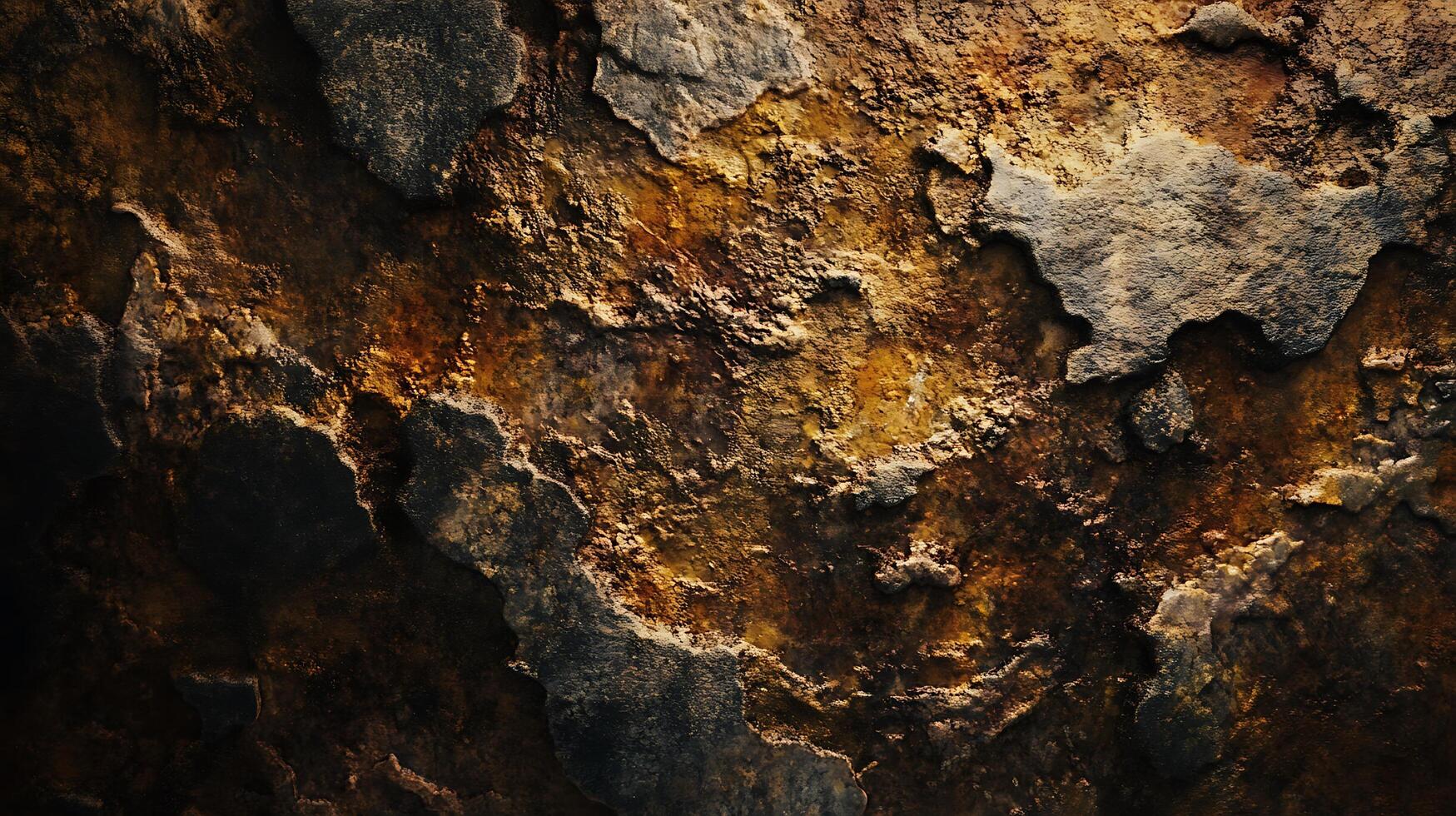 Detailed close-up of a cave wall reveals intricate textures and varying shades of brown, grey, and gold. The rugged surface and deep crevices. photo
