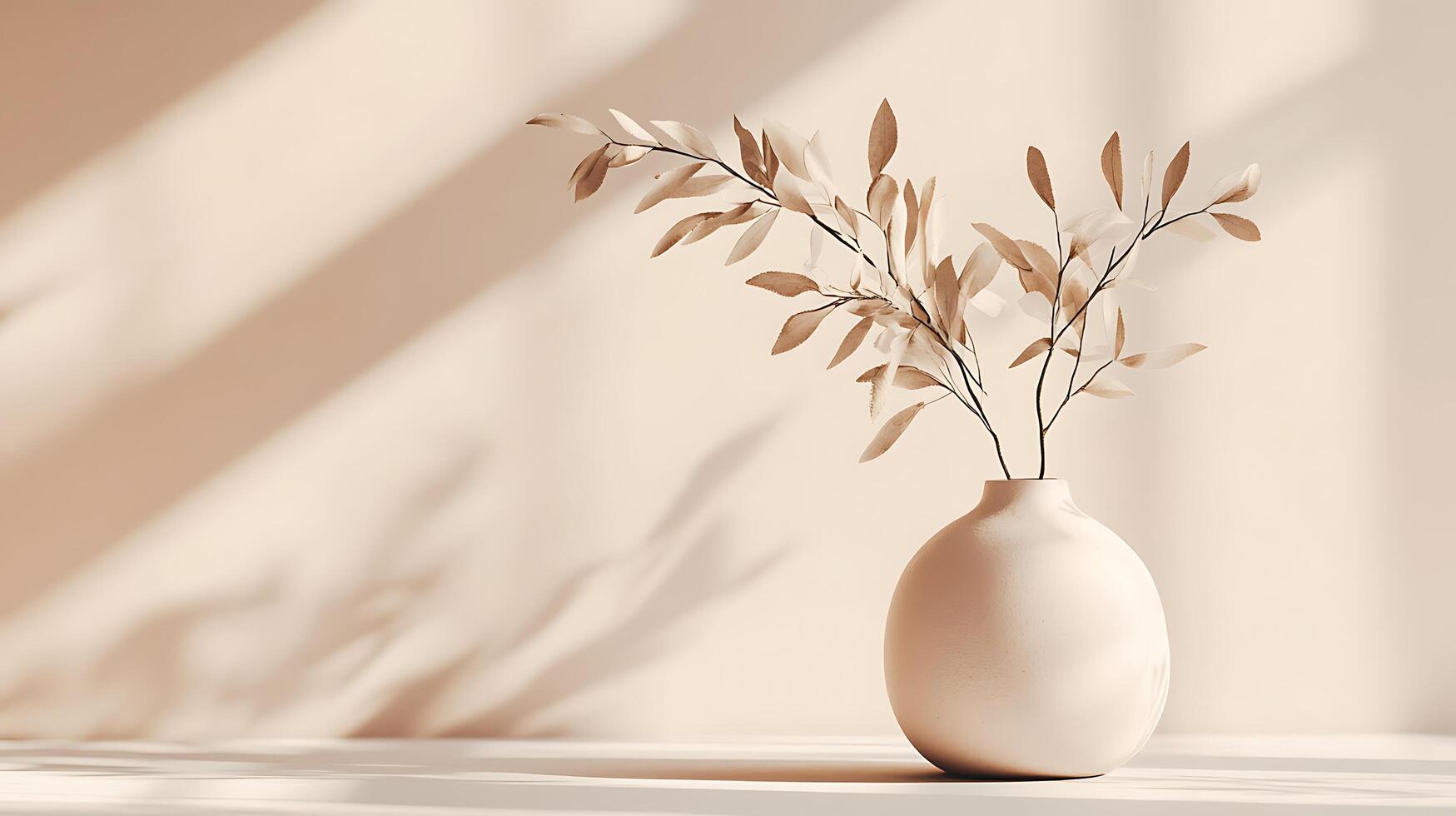 Minimalist vase with delicate foliage creating a serene, light-filled scene against a soft peach backdrop with graceful shadows. photo