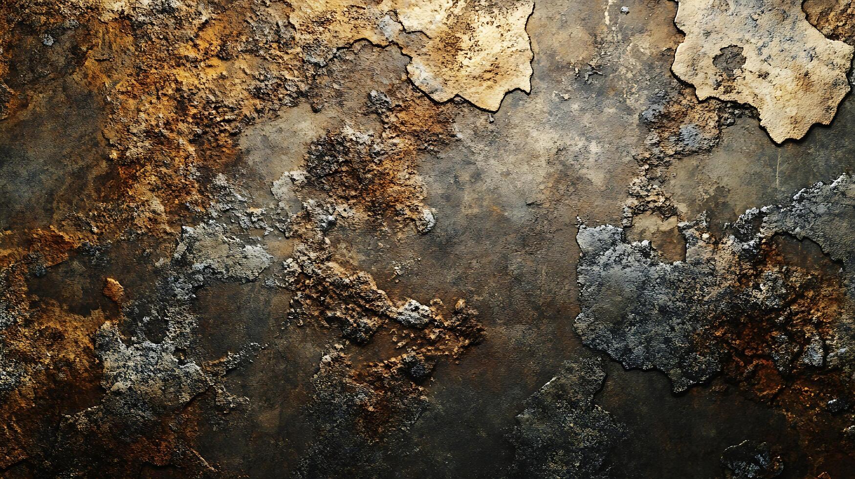 A weathered and textured surface with peeling layers, revealing a mix of metallic and earthy tones, creating a rich, abstract pattern. photo