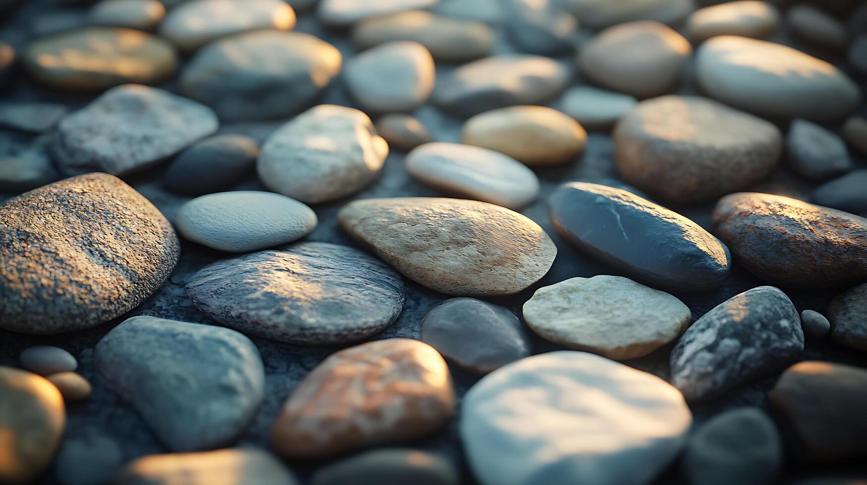 Diverse river stones in a tranquil setting, smooth textures and varied hues, warm sunlight. Nature's serene beauty. photo