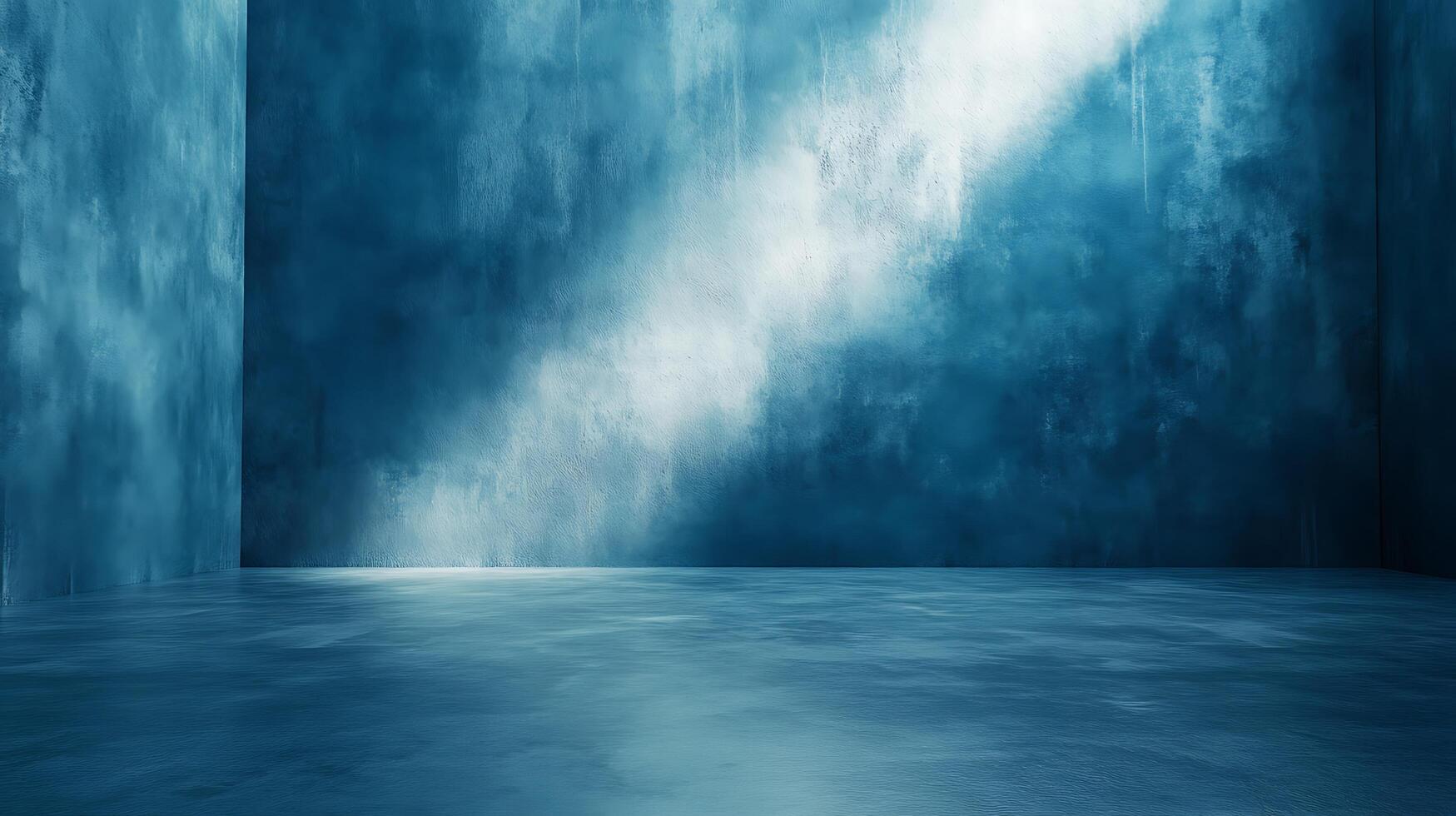 Abstract architectural space with monochromatic blue hues and striking light play, creates dramatic depth and artistic atmosphere. photo