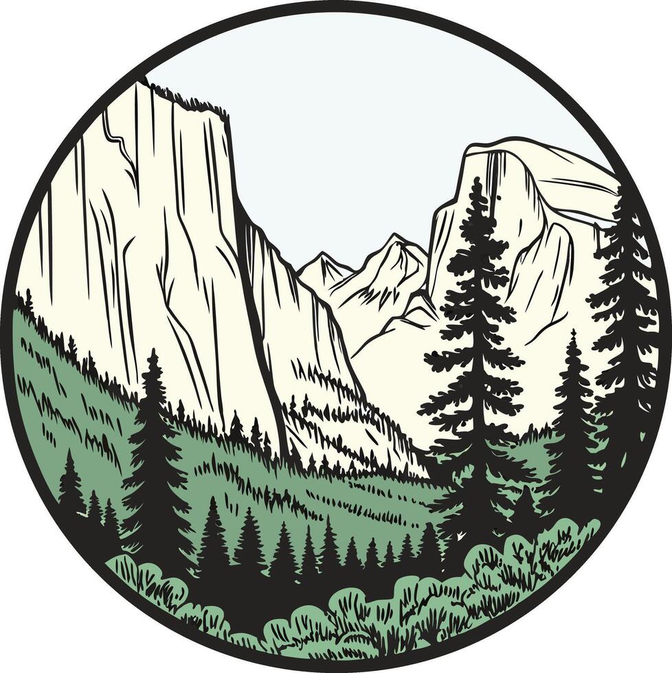 mountains, lush forests circle logo vector