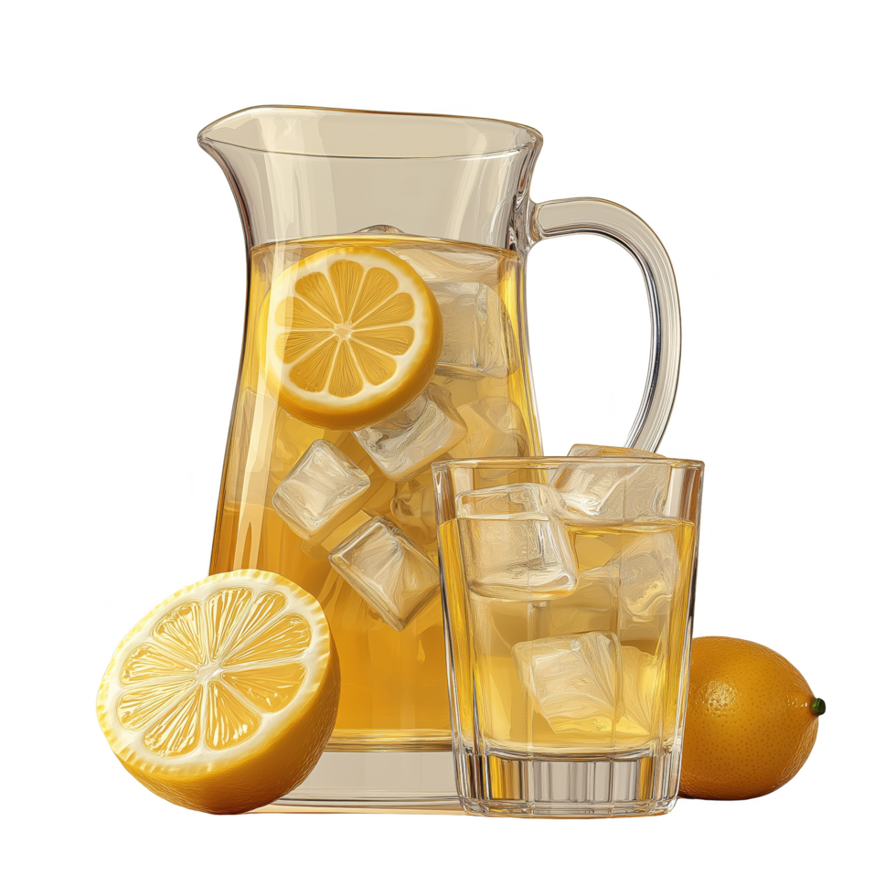 A pitcher of lemonade with ice cubes and a glass of lemonade png