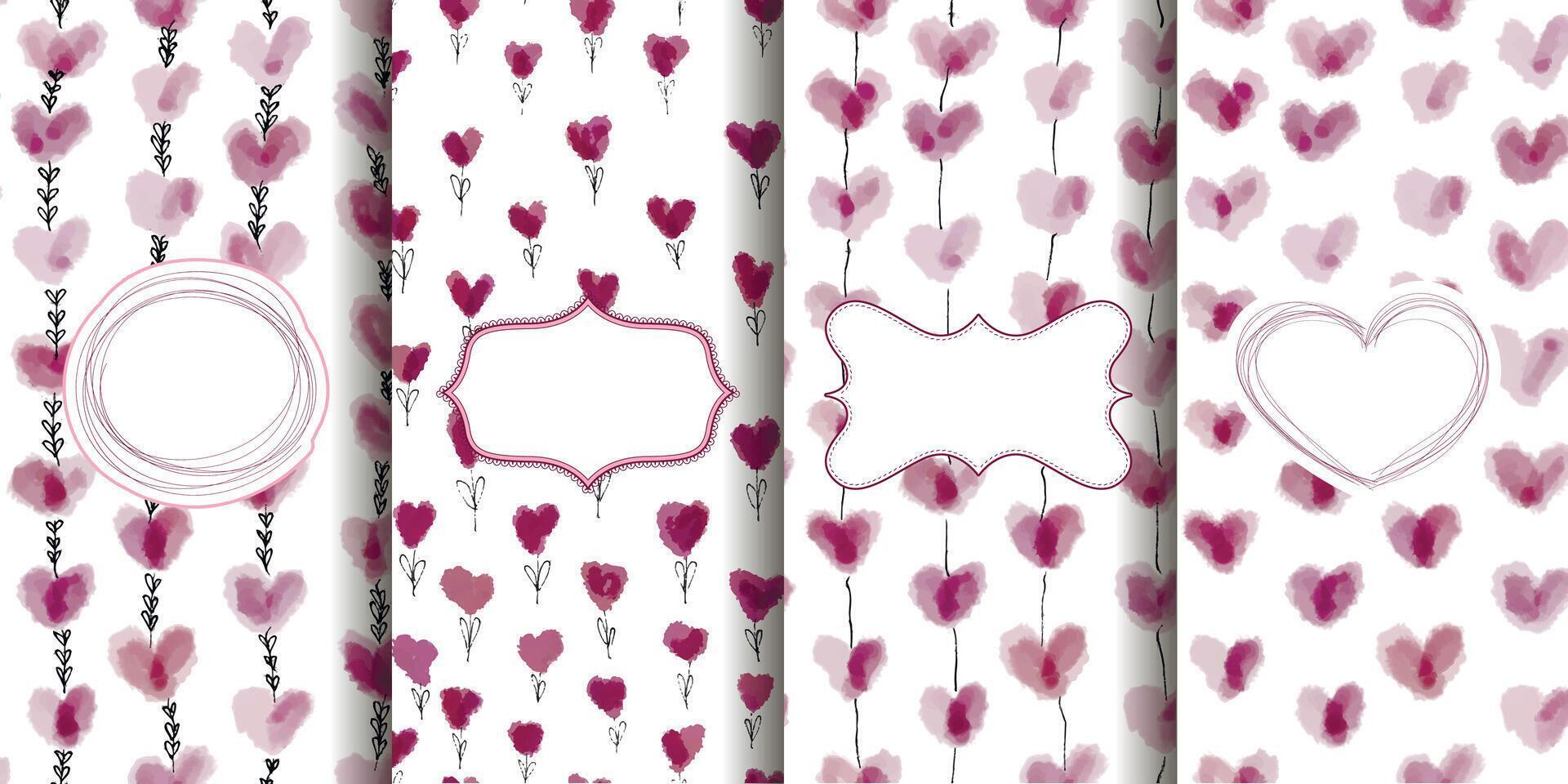 Set of seamless patterns with watercolor hearts vector