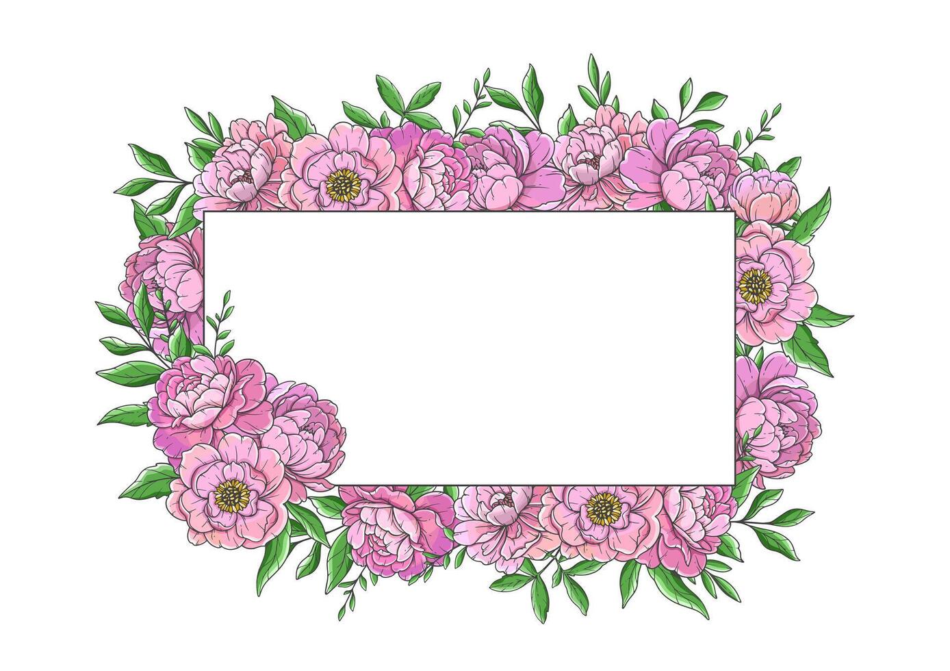 Pink Peony Rectangle Frame Illustration isolated on white. Hand Drawn Peony Frame. Floral Line Art. Flower Design Template. Hand Drawn flowers. Peony Wedding invitation flowers vector