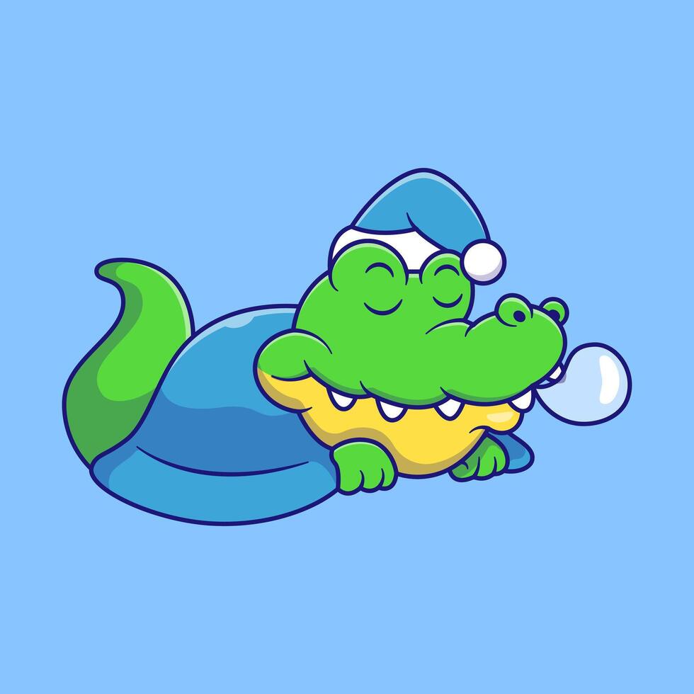 Sleeping Crocodile Wearing Blanket And Hat Cartoon Illustration. Animal Summer Concept. Flat Cartoon Outline Style. Suitable for any creative project. vector