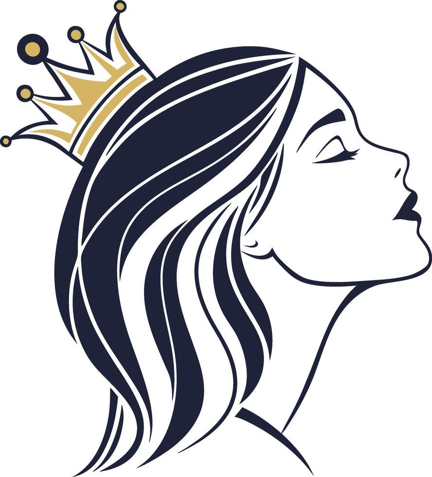 queen's profile, adorned with a gold crown and flowing hair vector