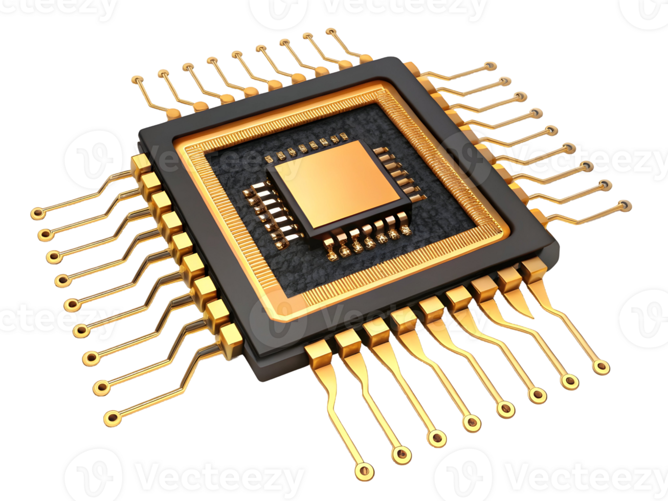 Close Up of a Black and Gold Microchip with Intricate Circuitry png