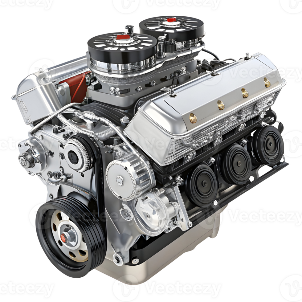 Close-Up View of a Detailed Engine Model Mechanism in Metallic Finish png