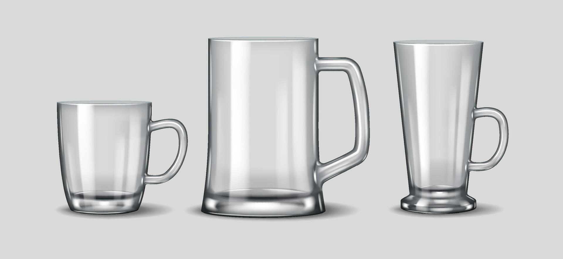 3D realistic illustration of a collection of glass mugs with handles, designed for serving coffee, tea, and other hot beverages in cafes and households. vector