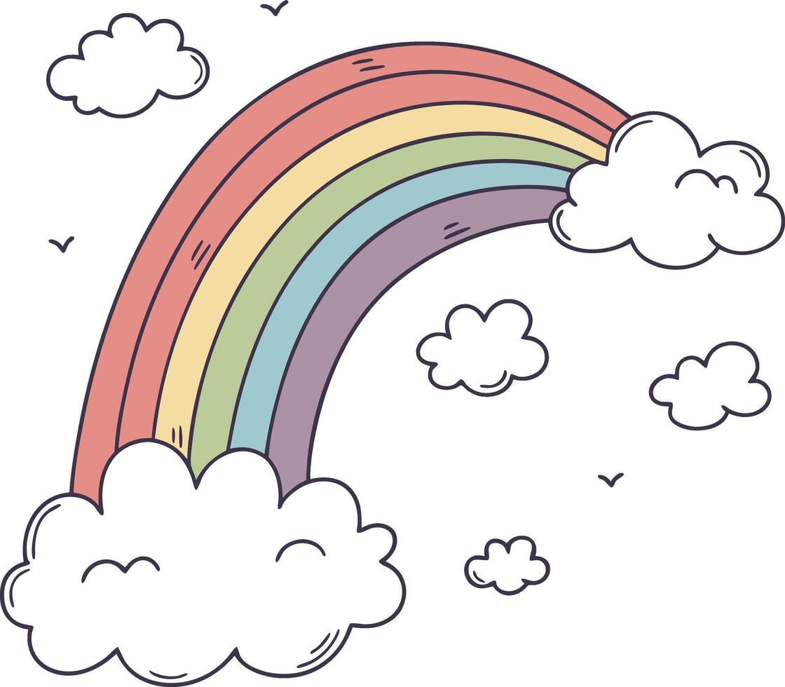 rainbow arching across a sky dotted with fluffy clouds Keywo vector