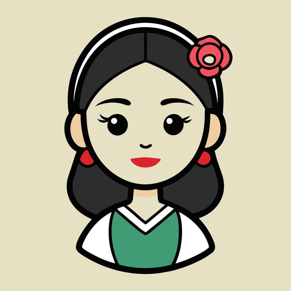 Adorable Cartoon Illustration of a Young Woman with Dark Hair and a Flower in Her Hair vector
