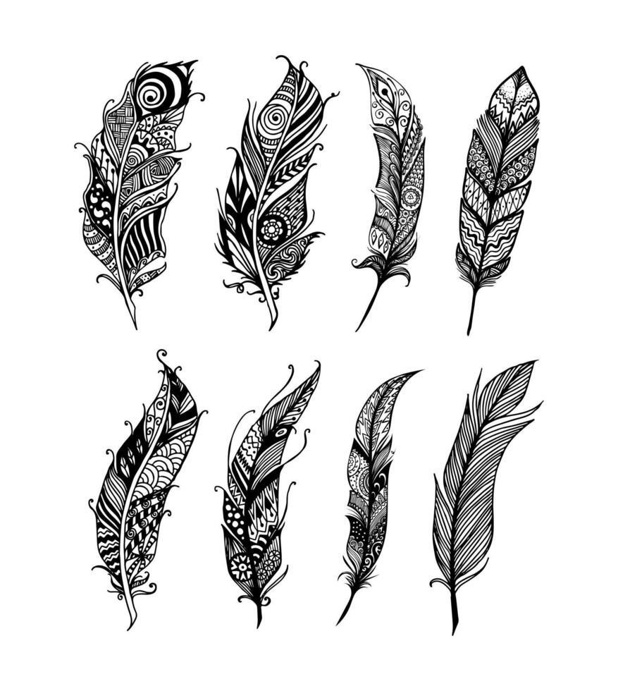 feather ornament illustration in black and white colors vector