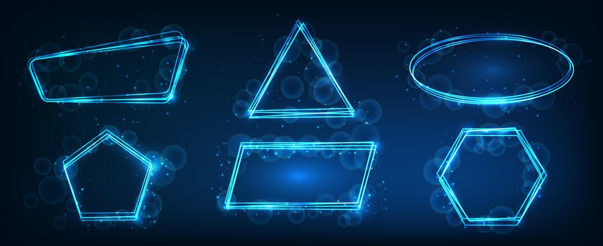 Set of six neon frames in geometric forms with shining effects and sparkles on dark background. Empty glowing techno backdrop. illustration vector