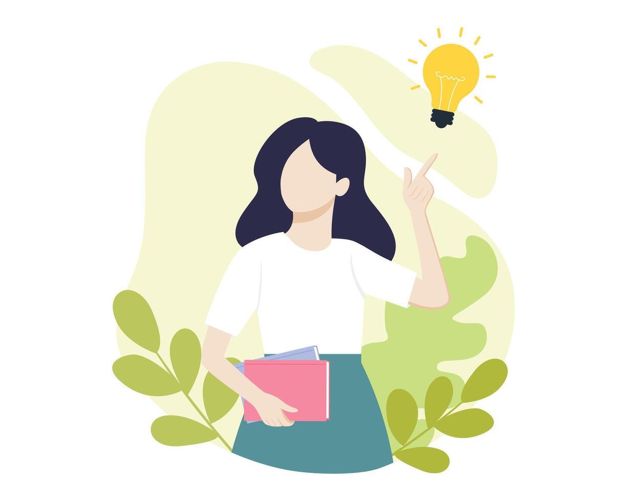 business woman thinking holding book. Problem solving, idea and creativity concept. Flat illustration vector