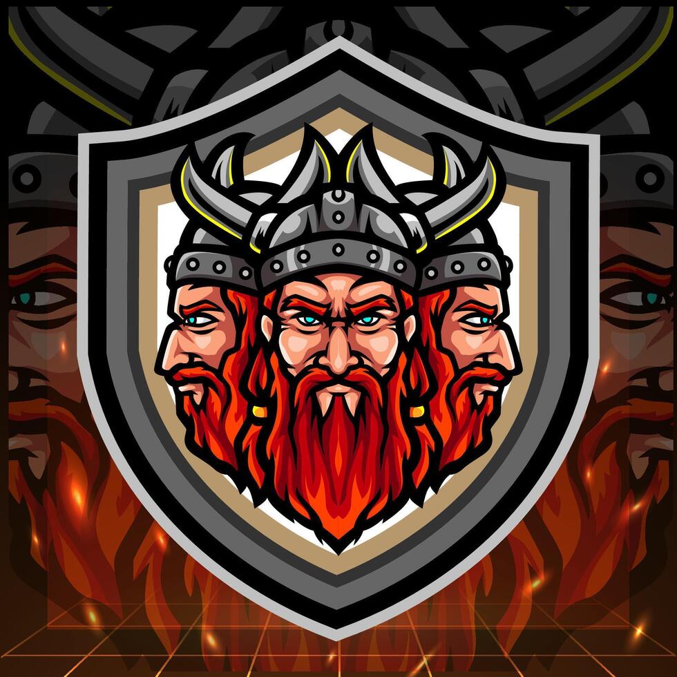 Viking triple head mascot. esport logo design vector