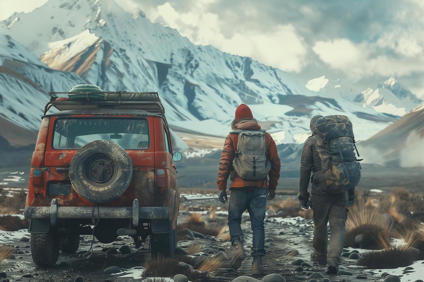 Two men with backpacks walking towards a red jeep photo