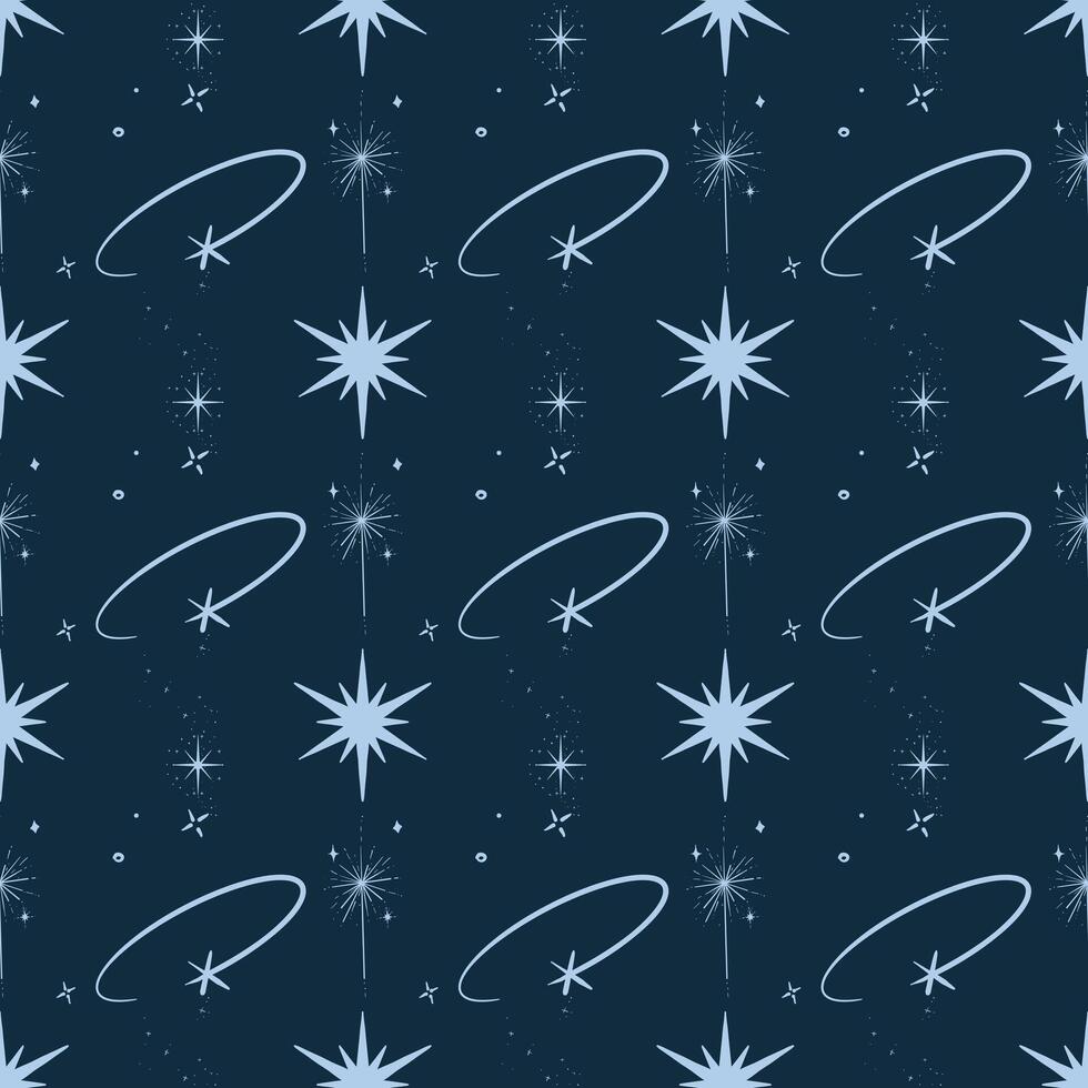 Seamless boho pattern with sparkle stars on a dark background. Perfect for images of textiles, and wrapping paper. Night seamless pattern. vector