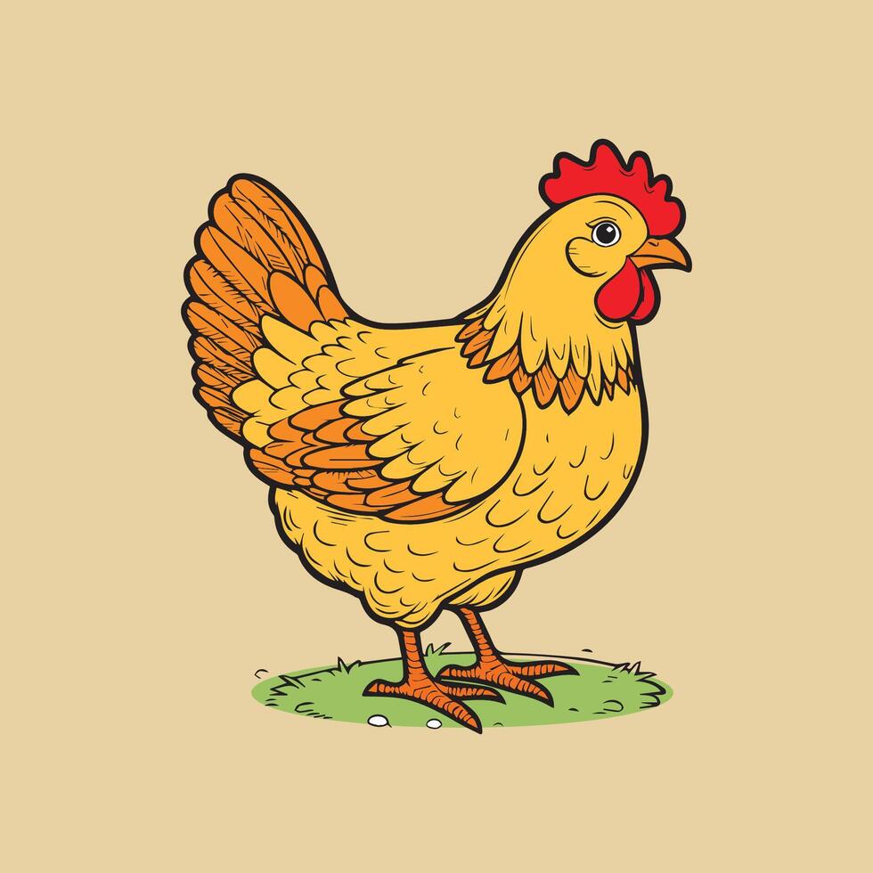 Chicken illustration. Hand drawn cartoon style. Isolated on beige background. vector