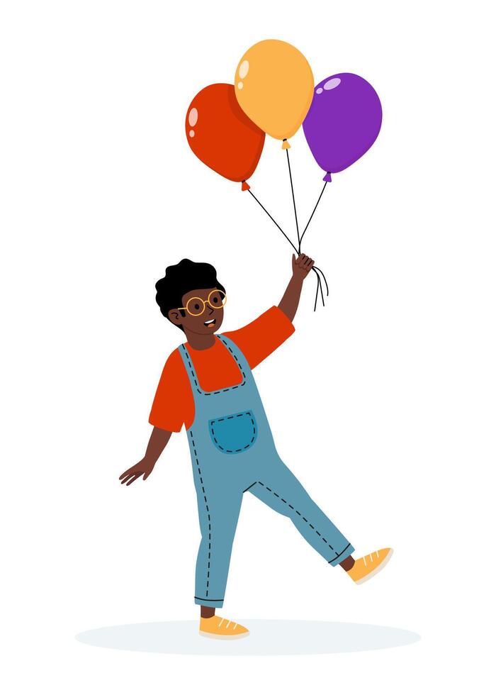 Child joyfully holding colorful balloons while wearing stylish overalls vector
