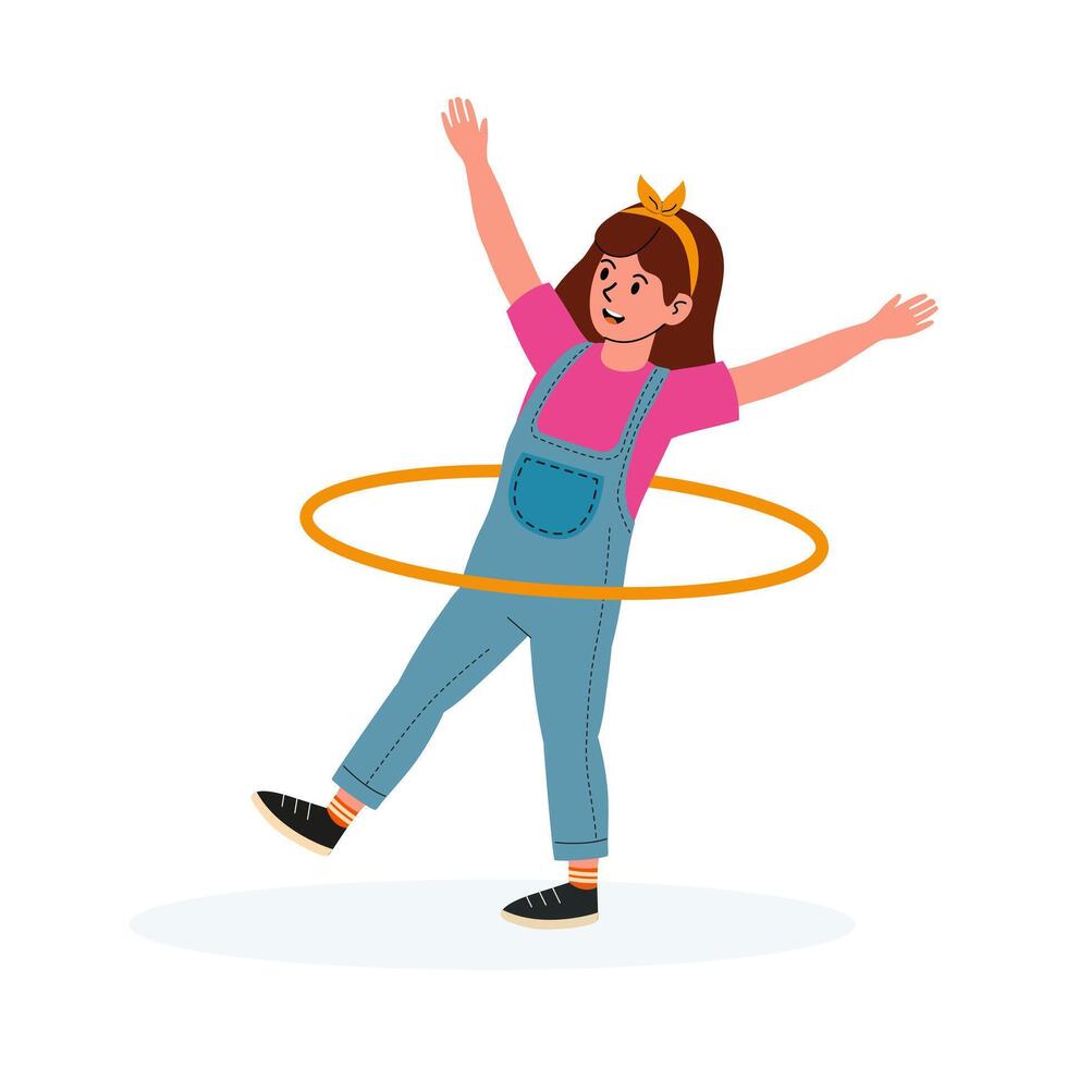 Girl happily hula hooping in casual outfit while enjoying fun activity at home vector
