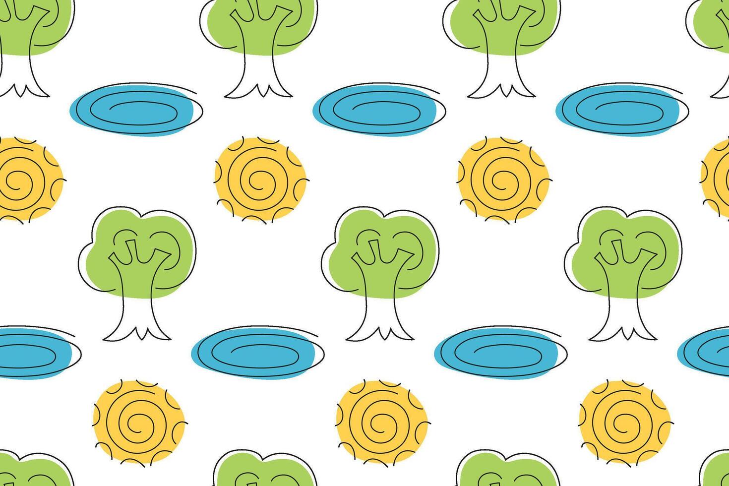 Colorful patterns of trees and sun with blue ponds on a white background vector