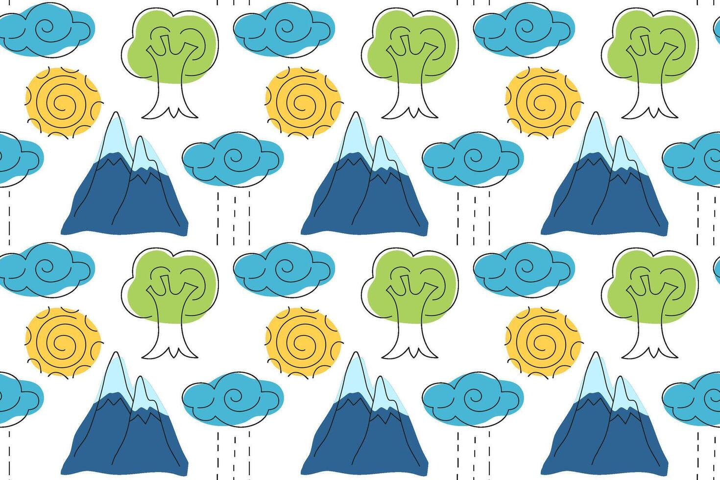 Colorful pattern of nature elements featuring mountains, trees, and weather symbols vector