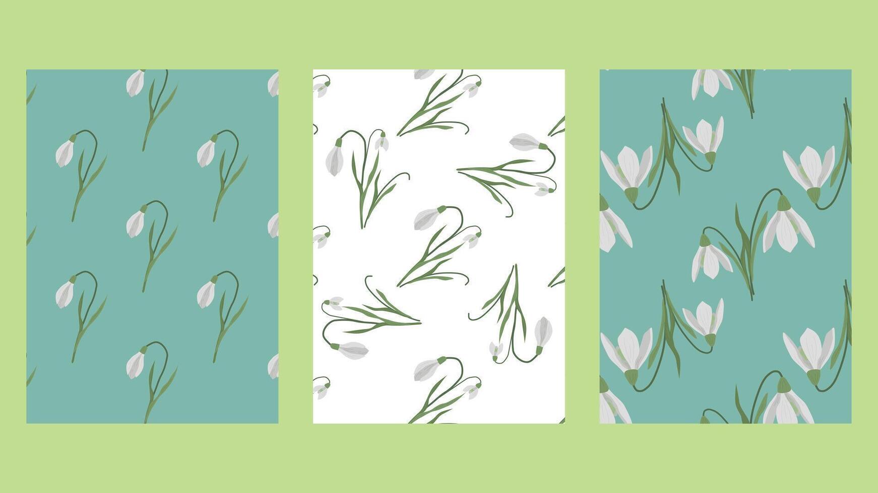 Hello Spring template poster or cards set. Snowdrops on background of gentle sky. illustration for cover design marketing material natural and organic products. vector