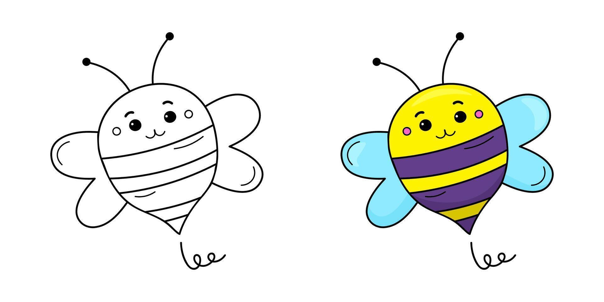Cute Bee Coloring Page. Color book for kids with colored example. Black and white stock image isolated on white background. For children. vector