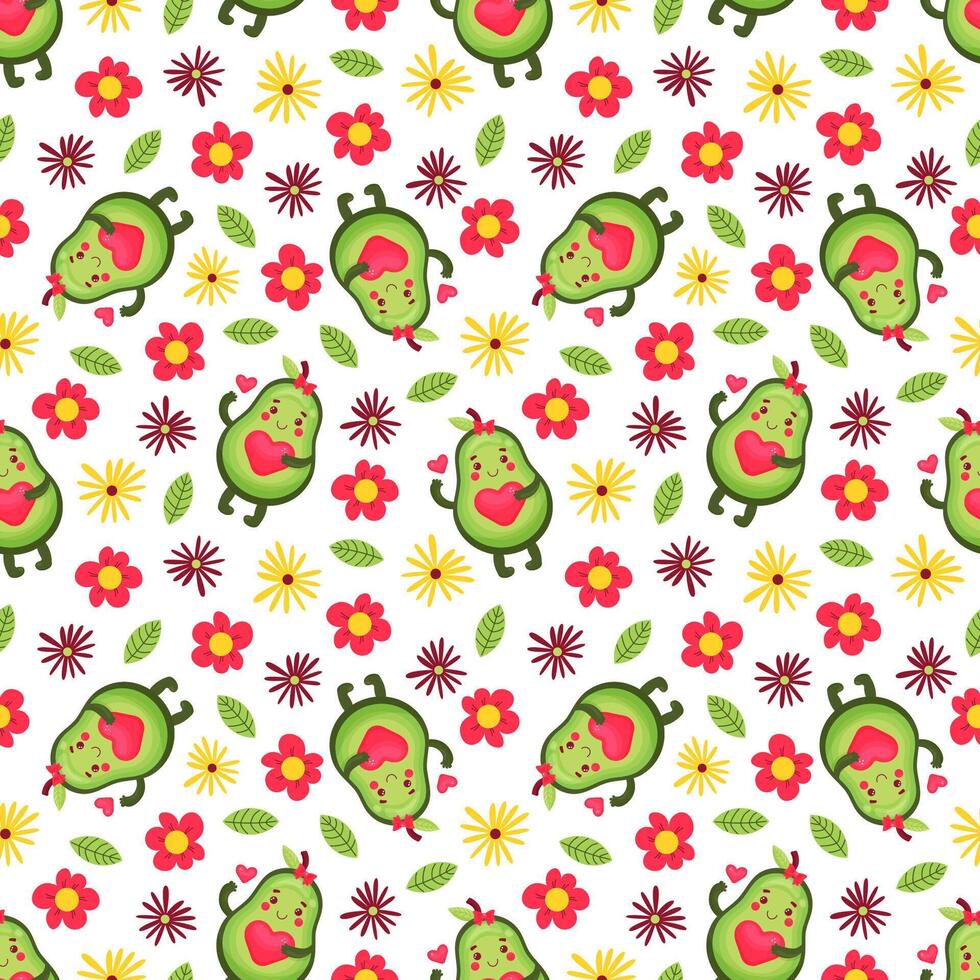 Seamless pattern with cute avocado and flowers. For fabric print, textile, gift, ,baby clothing, wrapping paper. For children. In cartoon style. vector