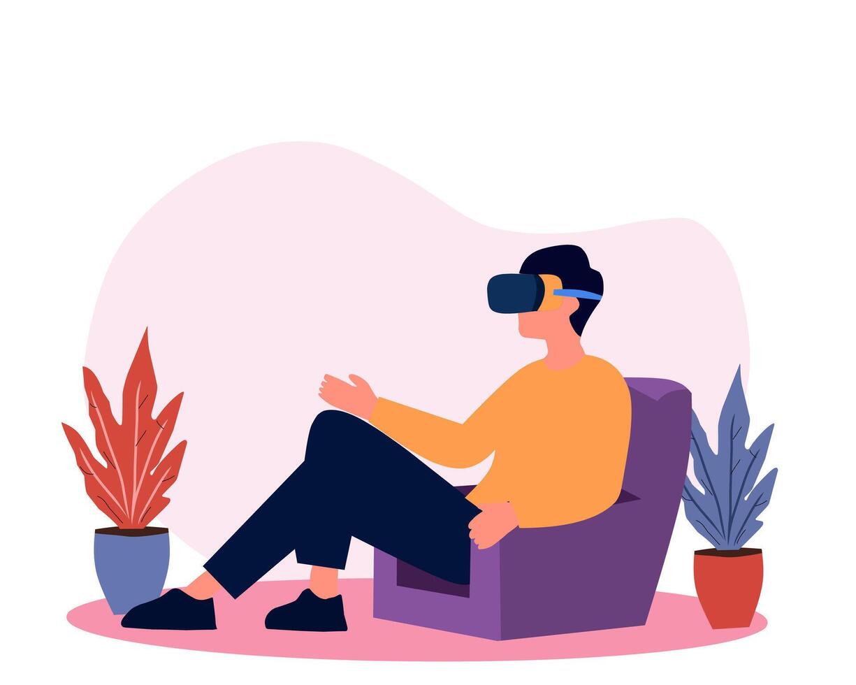 Man with VR Headset Sitting in a Chair Modern flat illustration of a man sitting comfortably in a chair, wearing a VR headset. Perfect for technology, virtual reality, and futuristic lifestyle vector