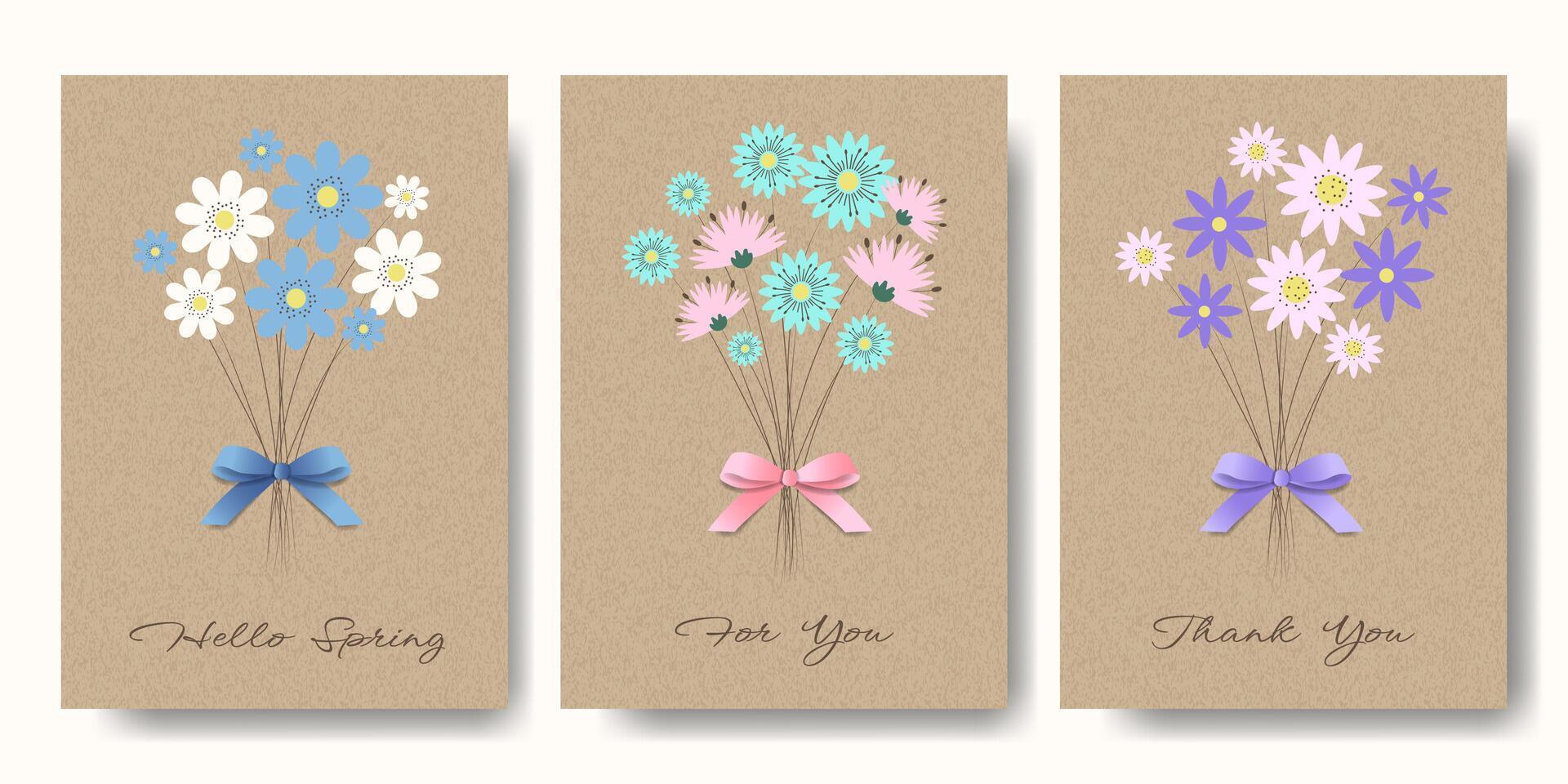 Poster Set with Flat Flowers and 3D Bow on Kraft Paper. Spring or Summer Cards with Bouquet on Cardboard Background. Brown Kraft Sheet Texture. Template with Floral on Vintage Parchment Background. vector
