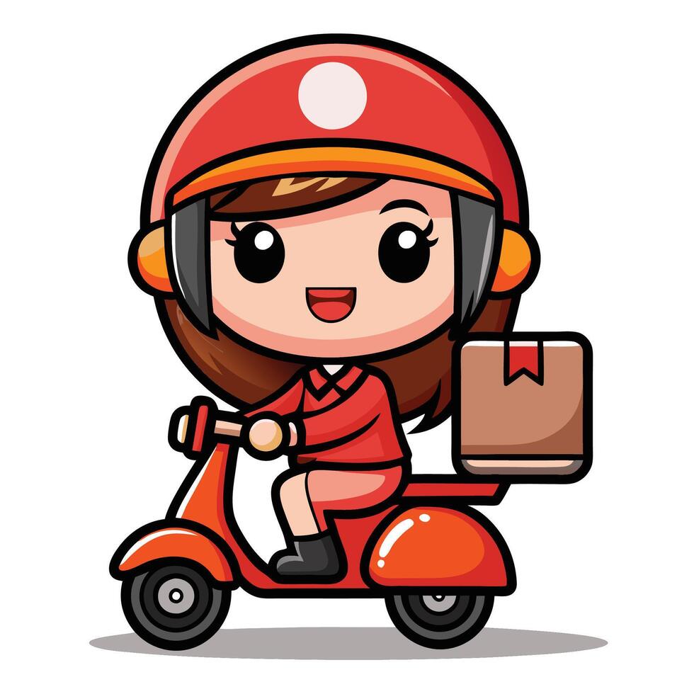 cartoon delivery girl riding a scooter with a box on the back vector