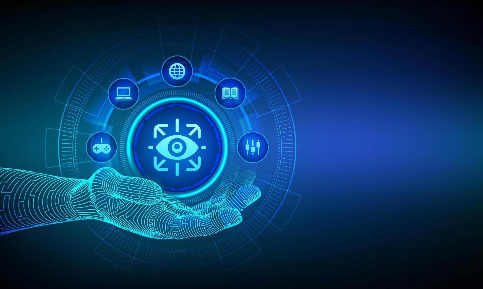 Eye tracking icon in wireframe hand. Cyber eye. Gesture recognition sensor. Emotion detection, hands-free control, motion tracking artificial intelligence technology concept. vector