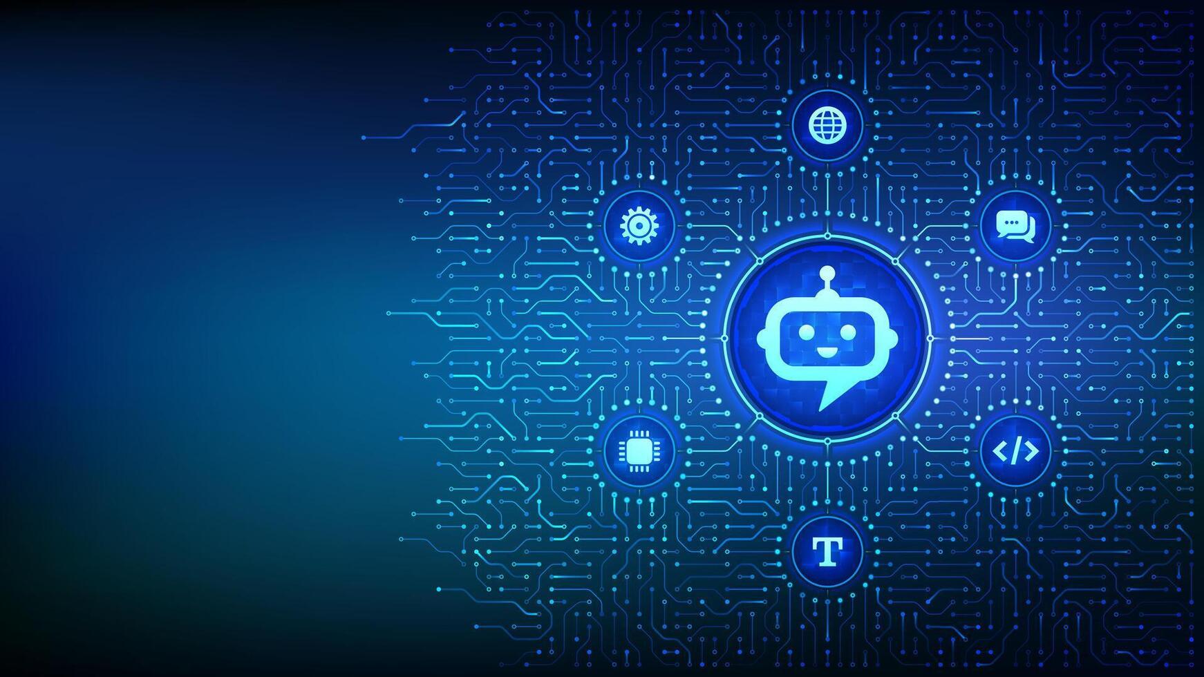 chatbot. chatbot asistente solicitud. inteligente asistente. ai. artificial inteligencia tecnología concepto. neural red. antecedentes con circuito tablero conexiones y tecnología iconos vector