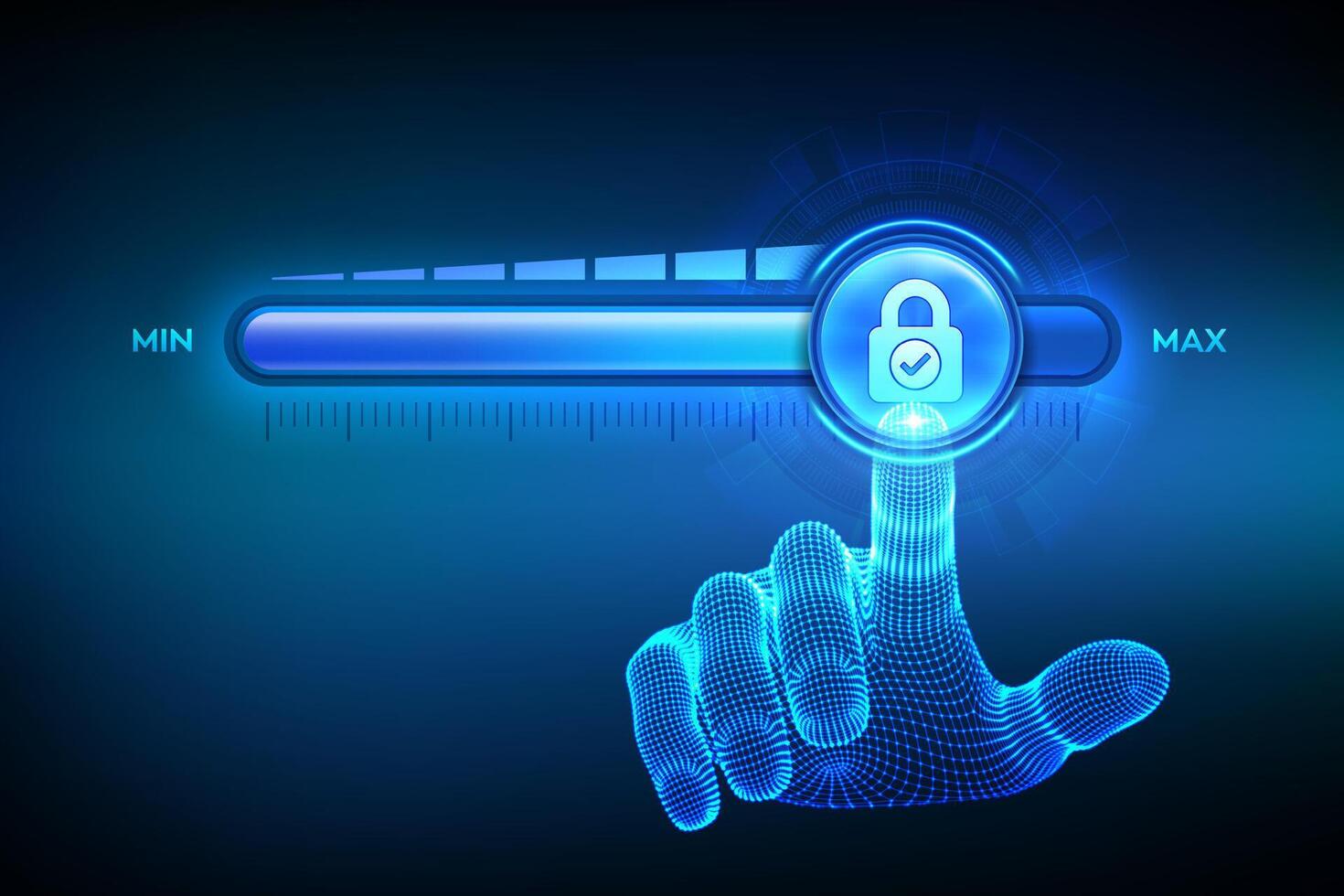 Increasing Security level. Cyber security concept. Network security. Wireframe hand is pulling up to the maximum position progress bar with the lock icon. Enhance data protection level. vector