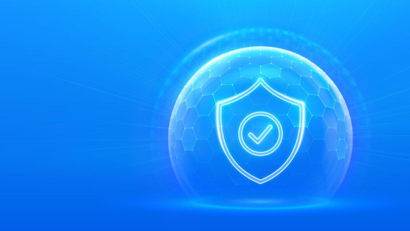 Protection. Healthcare. Insurance. Cyber security. Network safety. Protection shield with Check mark icon inside transparent sphere shield with hexagon pattern on blue background vector