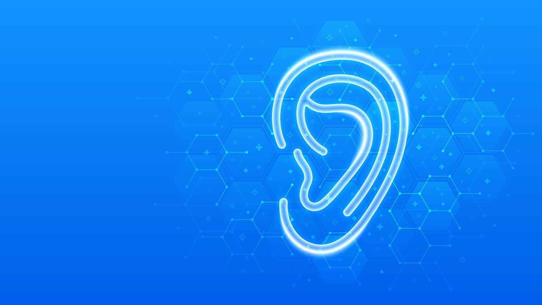 Ear icon. Otolaryngology. Ear Care. Diagnosis and treatment of hearing problems and deafness, audiology, hearing loss. Molecular structure. Blue medical background with hexagons. vector