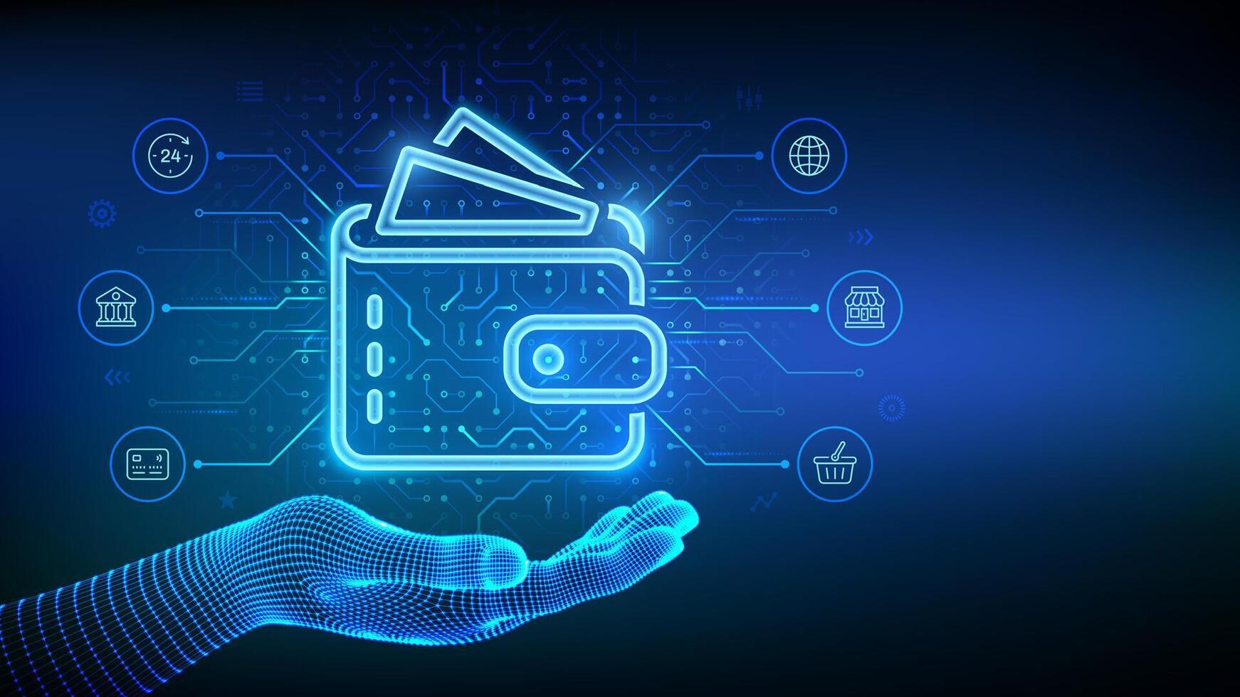 Digital wallet icon in wireframe hand. E-wallet. Online payment by digital wallet. Online banking service application. Mobile banking, money transaction, e-commerce. vector