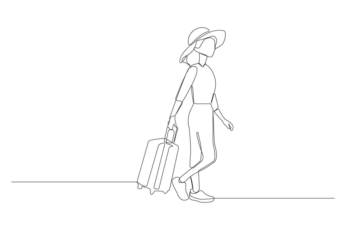 Young girl with luggage one line drawing. Vacation trips concept line art. vector