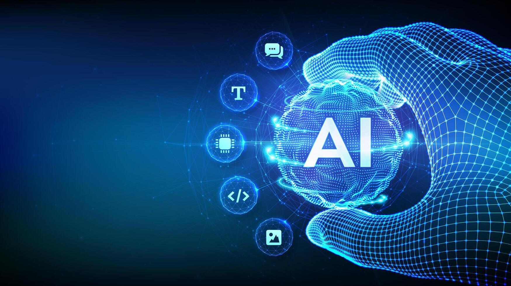 AI. Artificial Intelligence in the shape of sphere grid wave in wireframe hand. AI virtual technology. Machine Learning Concept. Big data innovation technology. Neural networks. vector