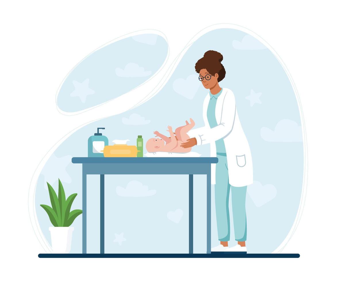 Doctor Changing Newborn Baby Diaper on Table. vector