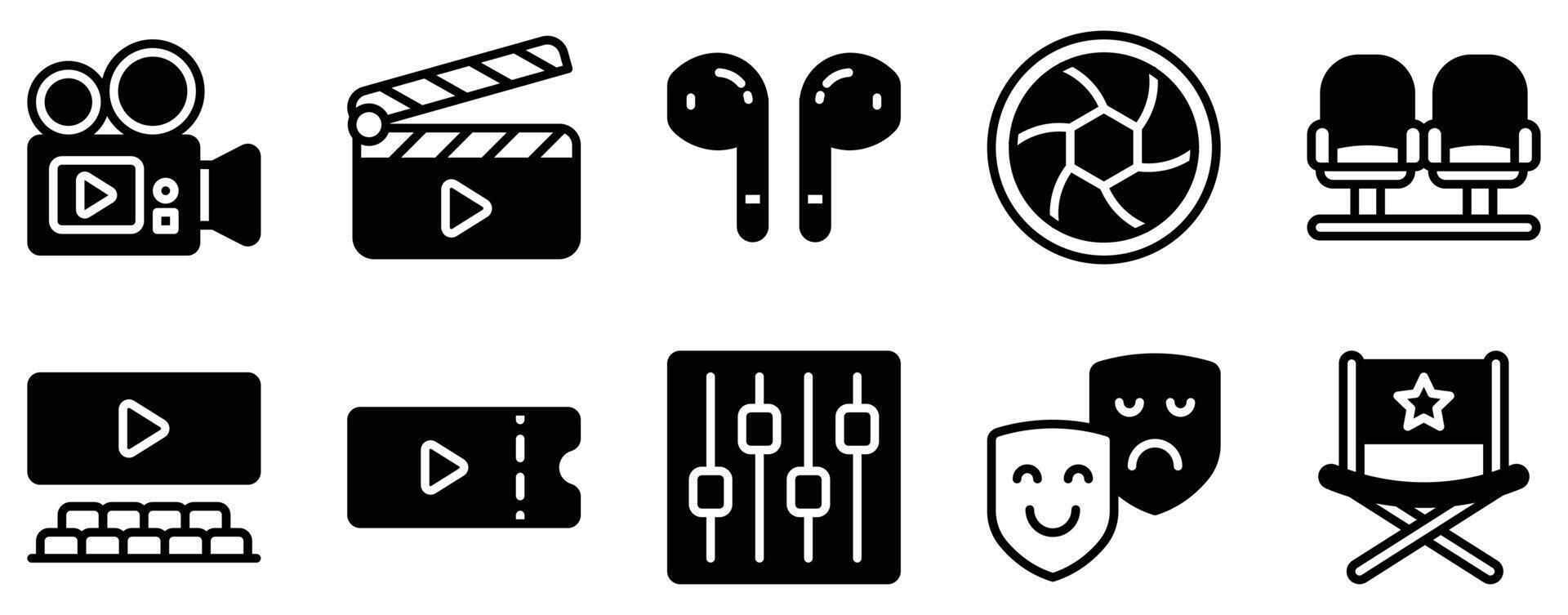 Cinema and Movie Icon Set Entertaining Solid Style Collection for Film and Media. vector