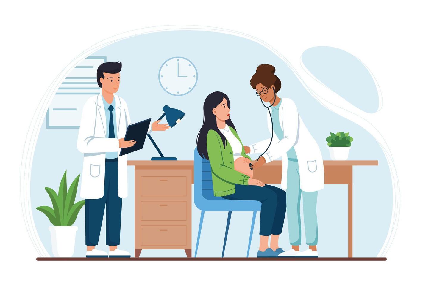 Pregnant Checkup with Doctor Using Stethoscope. vector