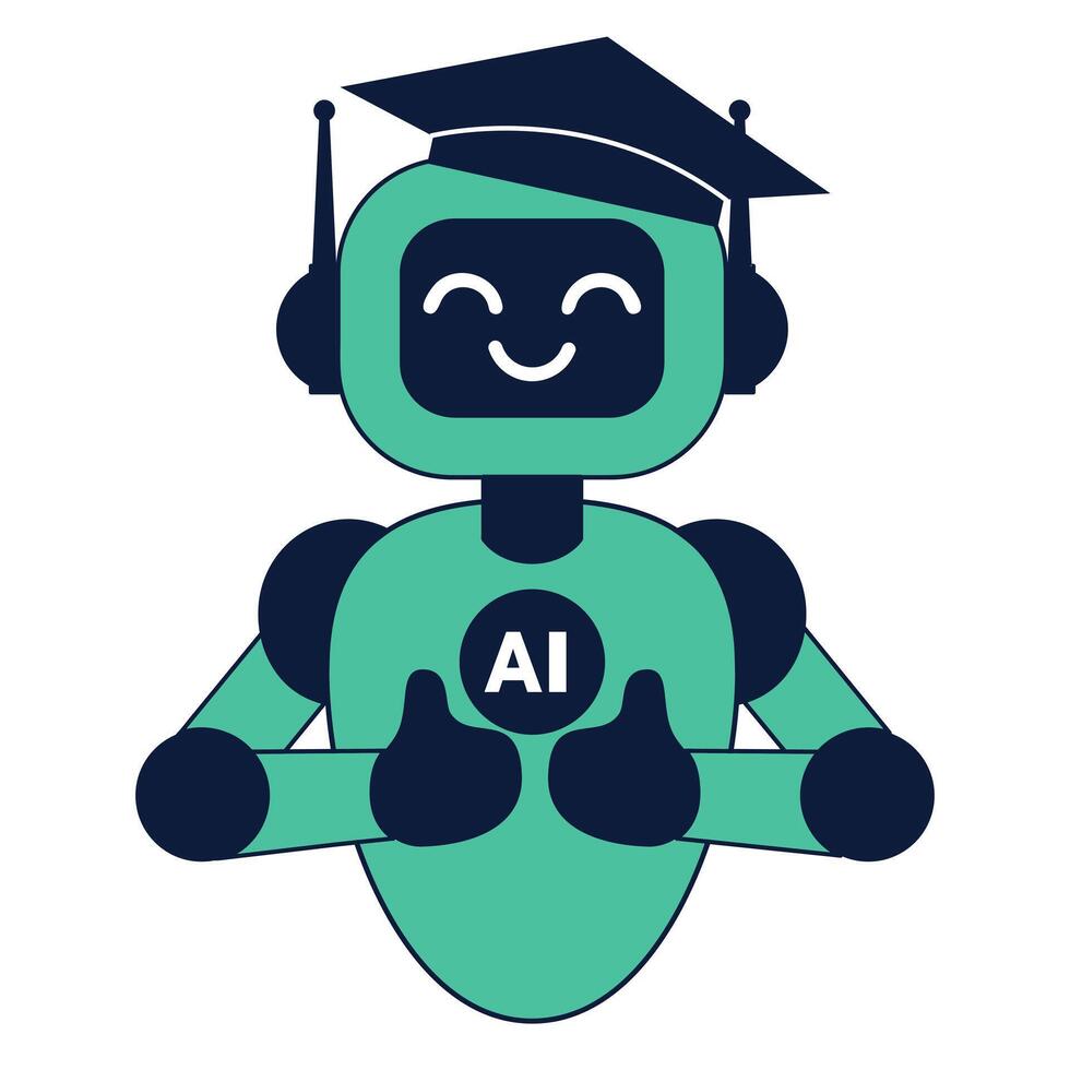 Cute ai robot in graduation cap character shows thumbs up vector