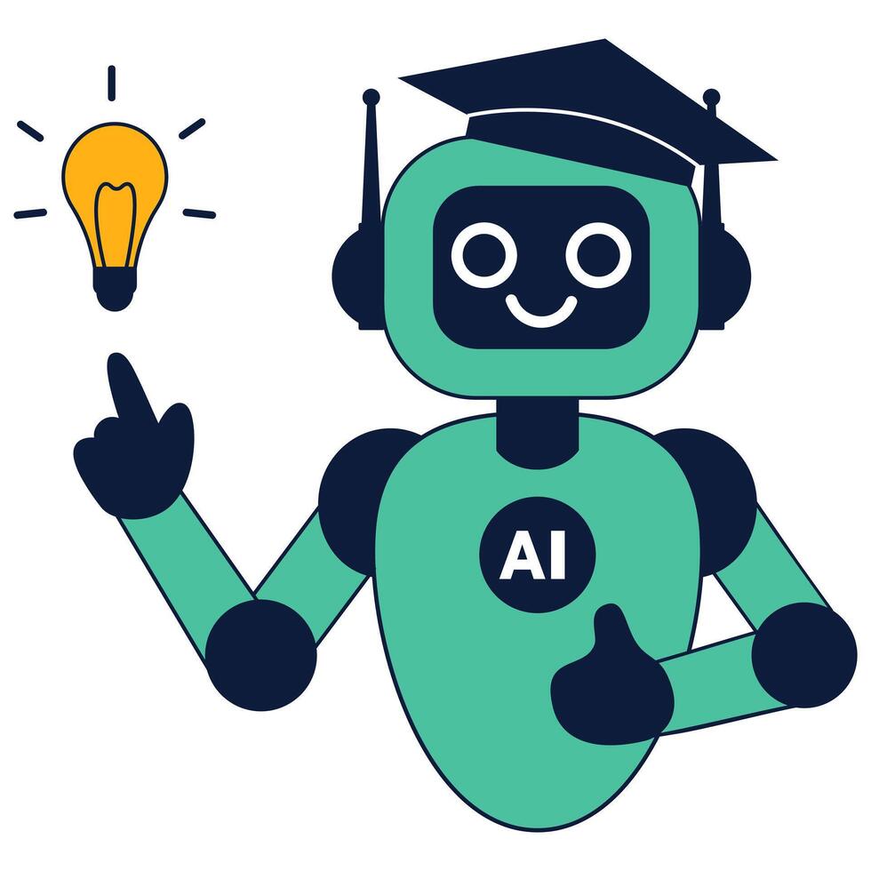 Cute AI robot in a graduation cap pointing at a light bulb vector