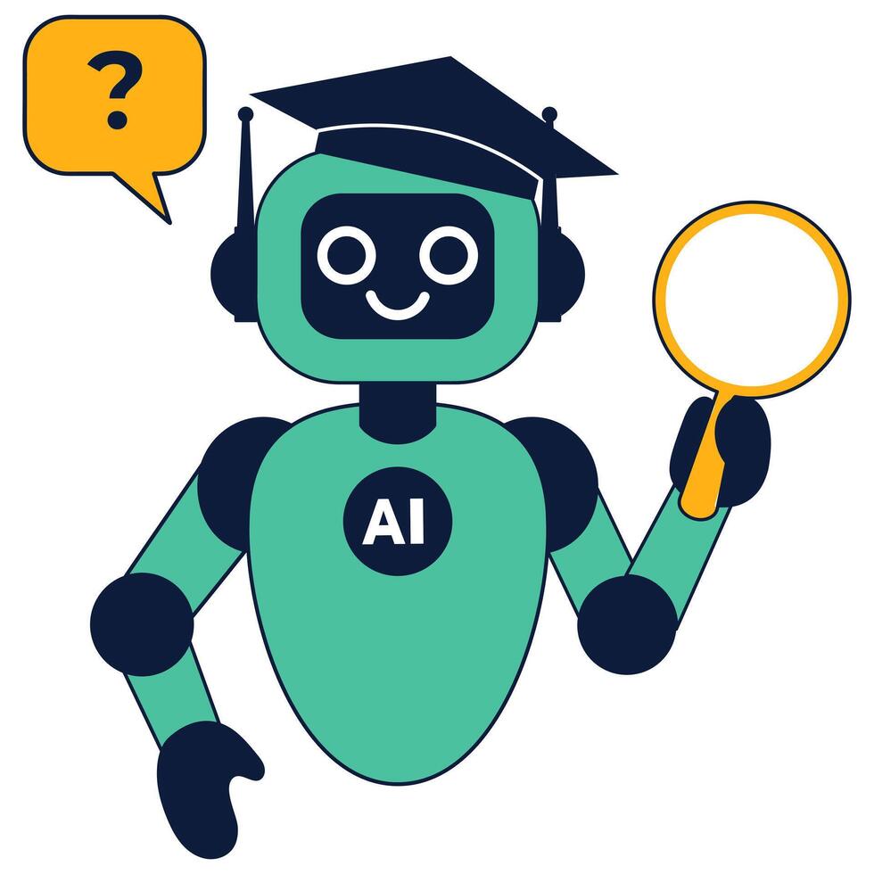 Flat illustration of a chatbot in graduation cap holding a magnifying glass vector