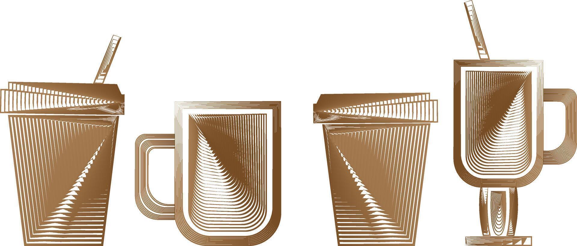 silhouettes of paper coffee cups and glass cups in linear style modern beige drinks mocha mousse, icons, web design vector